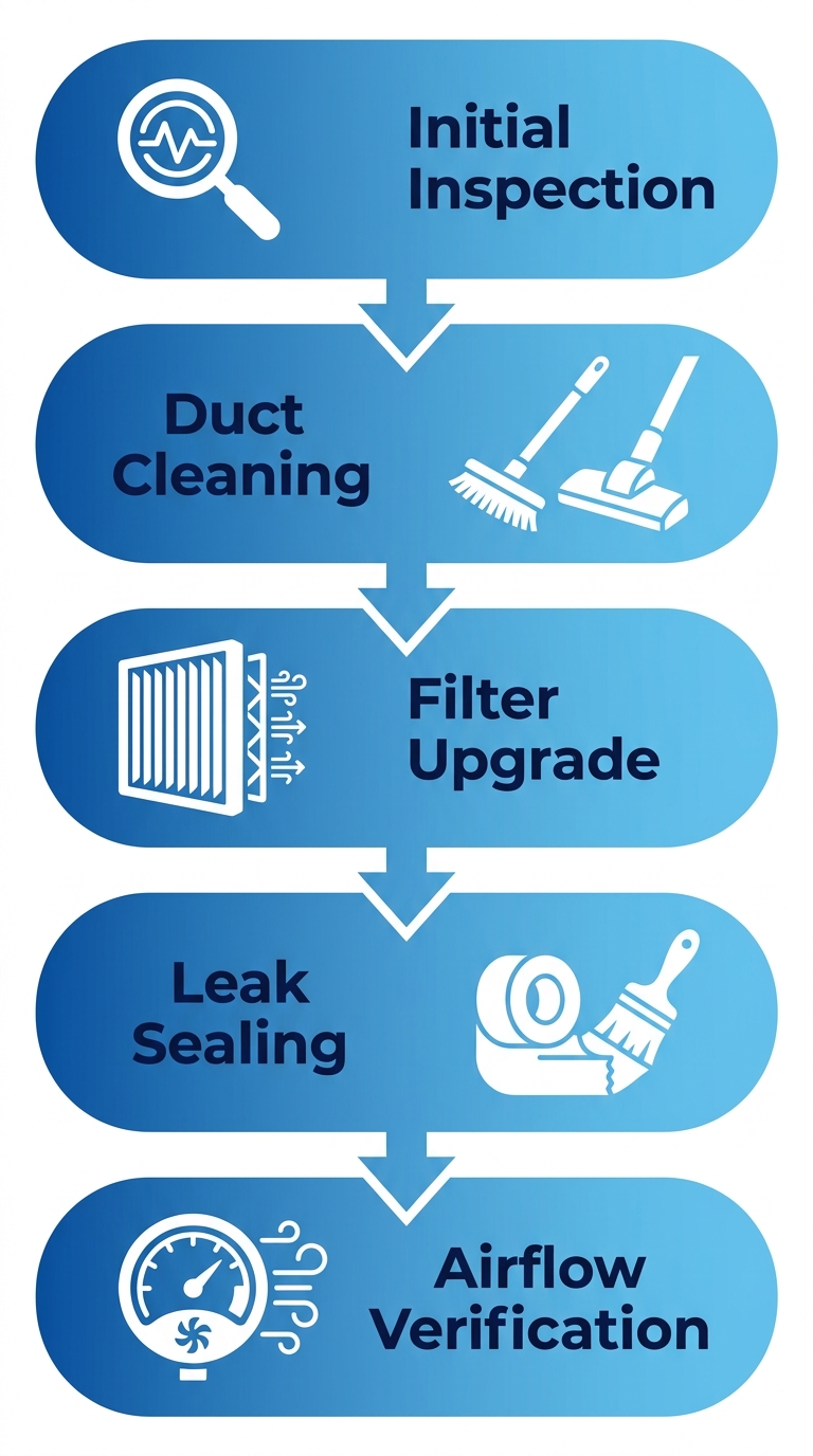 Vertical process flow diagram showing five stages of indoor air quality and duct services: Initial Inspection, Duct Cleaning, Filter Upgrade, Leak Sealing, and Airflow Verification, with icons and downward arrows.