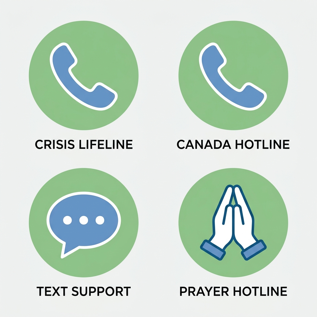 Grid of four icons representing immediate mental health and prayer support resources: telephone for 988 Suicide & Crisis Lifeline, telephone for Canada's 9-8-8 hotline, text bubble for Crisis Text Line, and praying hands for 24/7 Christian Prayer Hotline, each with a label beneath.