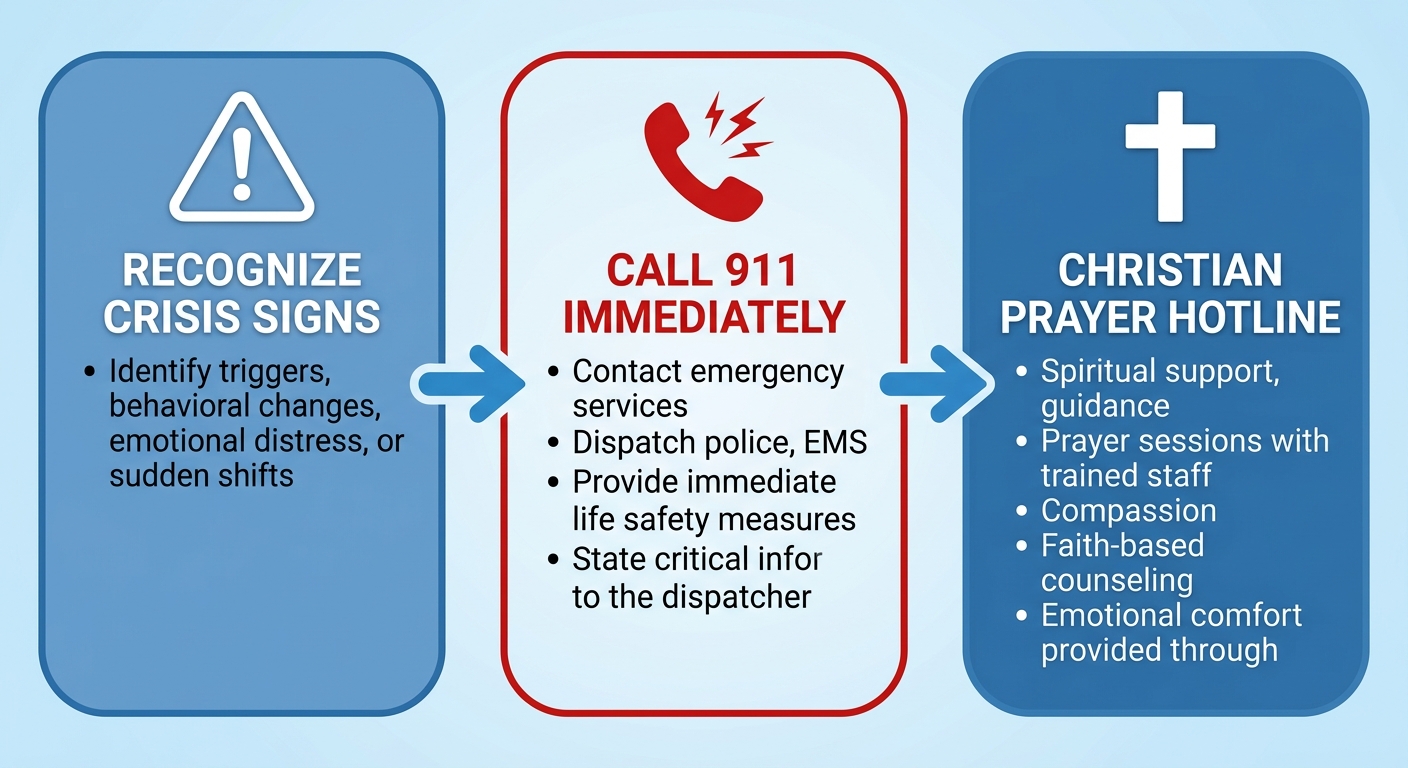 Three-step emergency crisis process flow showing Recognize Crisis Signs, Call 911 Immediately, and Christian Prayer Hotline