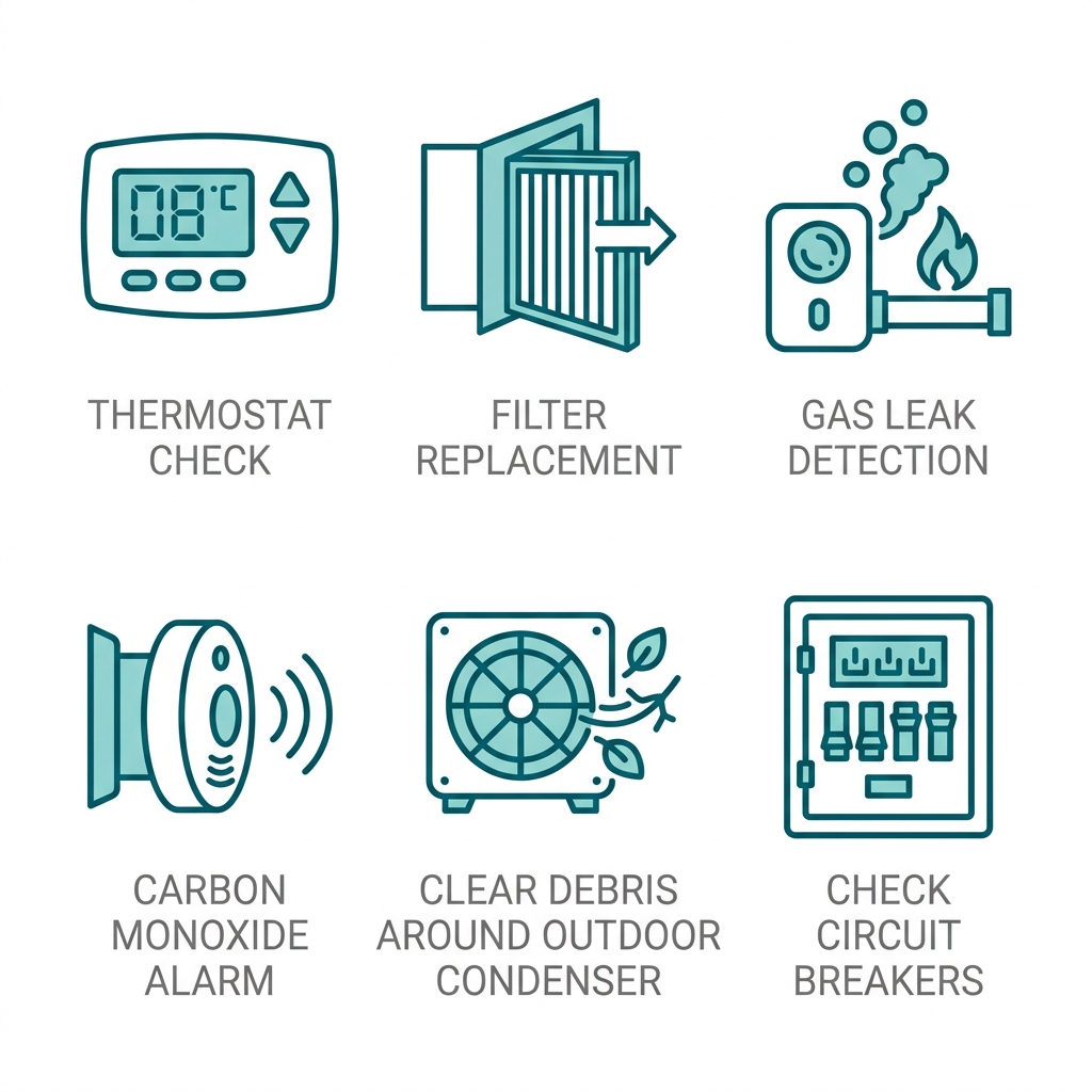 Grid of six outlined icons representing safety steps to take before calling HVAC service: thermostat check, filter replacement, gas leak detection, carbon monoxide alarm, outdoor condenser debris check, and circuit breaker check.