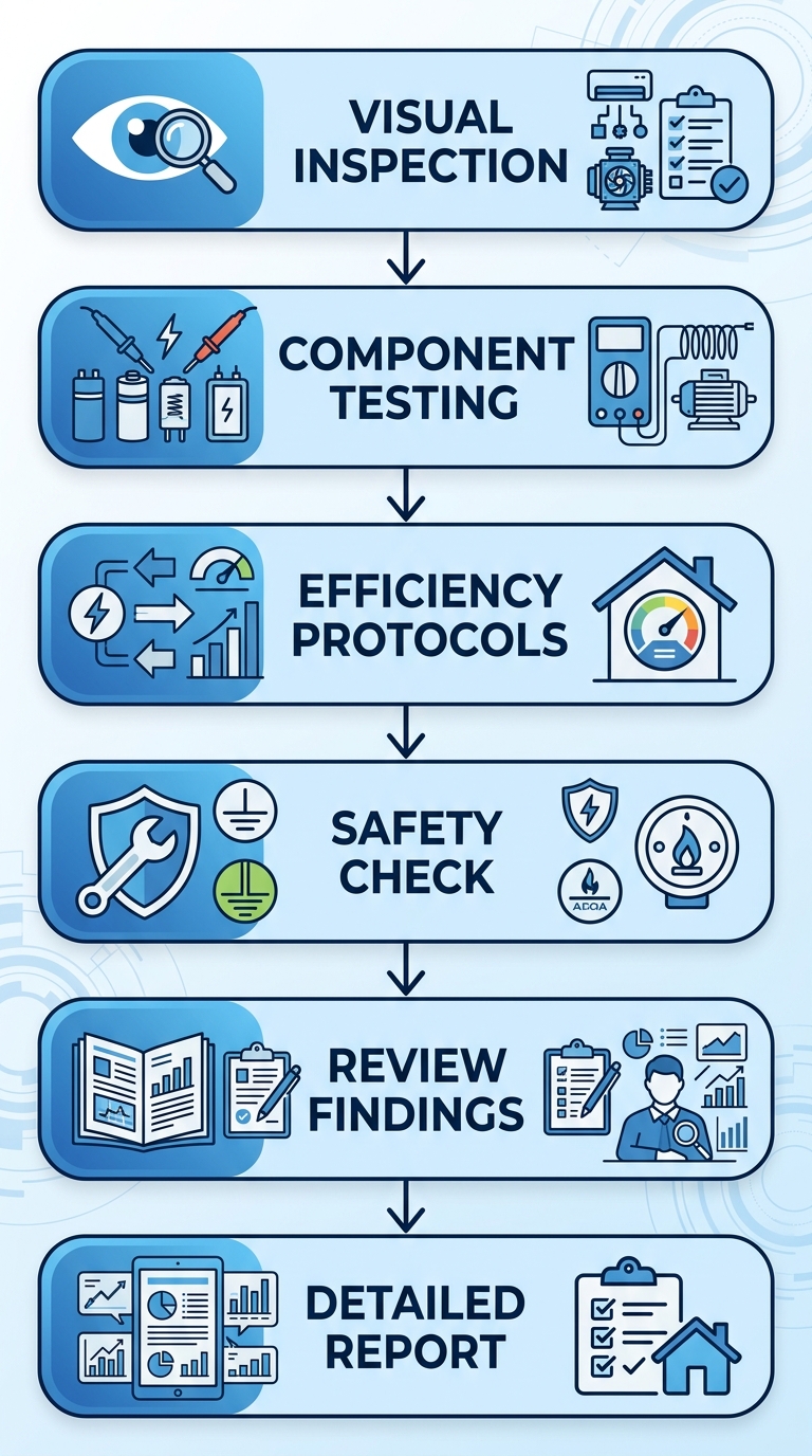 Vertical process flow diagram showing 6 steps of HVAC technician arrival: Visual Inspection, Component Testing, Efficiency Protocols, Safety Check, Review Findings, and Detailed Report, with icons and arrows.