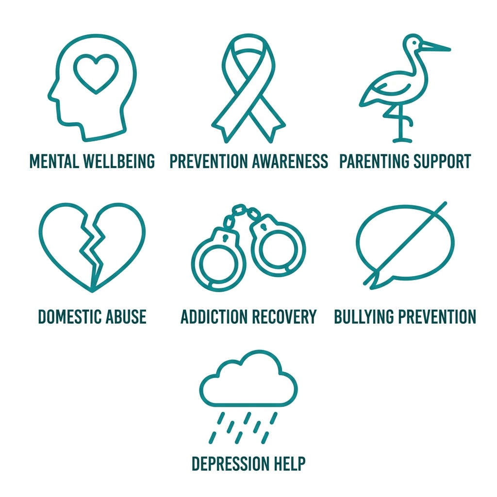 Grid of 7 simple outline icons in teal representing crisis categories: mental health, suicide, teen pregnancy, domestic violence, addiction, bullying, and depression, with text labels.