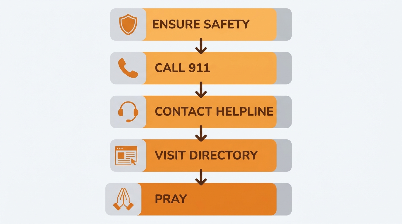 Five-stage vertical process flow for domestic violence crisis response, from ensuring safety to accessing a prayer hotline.