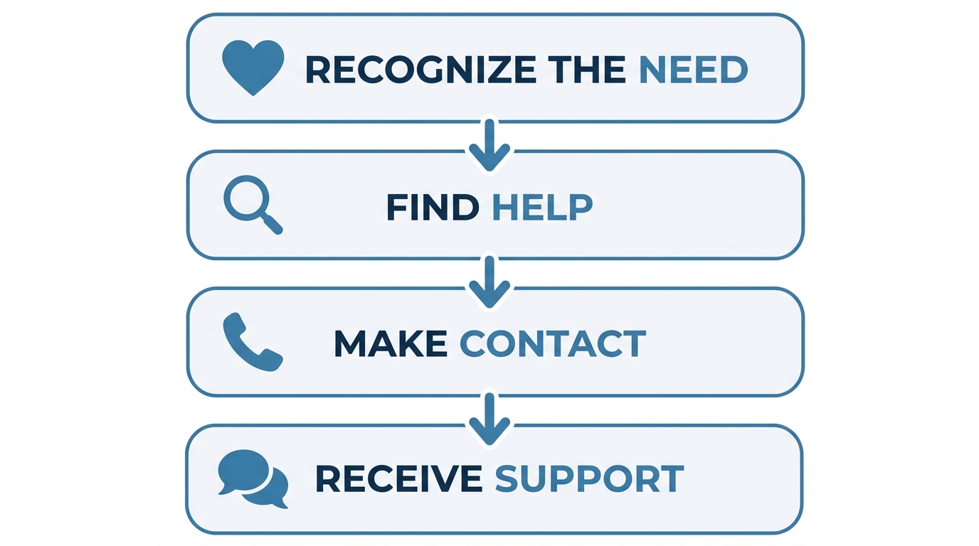 Vertical process flow diagram with four steps: Recognize the Need, Find Help, Make Contact, and Receive Support, connected by downward arrows, using calming blue and white colors for a crisis support outreach process.