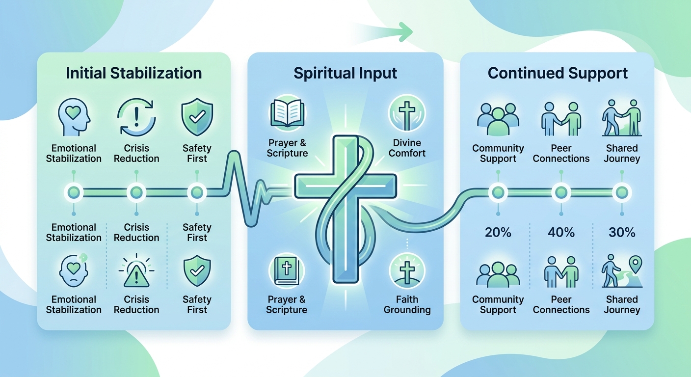 Infographic showcasing three spiritual crisis support pillars: emotional stabilization through faith, prayer and scripture for comfort, and community support networks, with a lifeline and cross central icon.