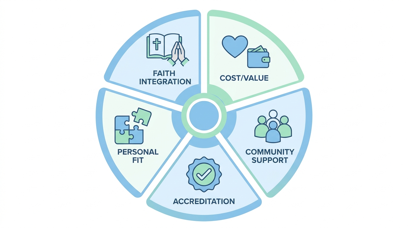 Infographic showing five key considerations for choosing a recovery program: faith integration, cost/value, community support, accreditation, and personal fit, arranged in a circular radial layout with icons and labels, using soft blue and green colors.