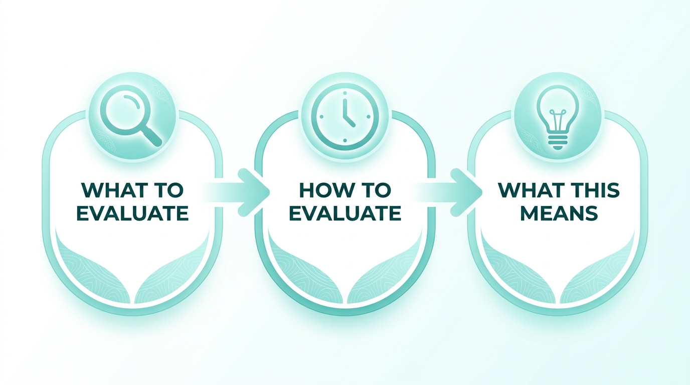 Three-step horizontal process flow for evaluating spiritual foundation in recovery programs: Evaluate, Examine, and Understand stages with icons, connected by arrows on a soft teal and white background.