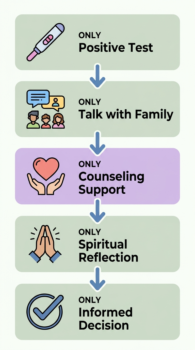 Vertical process flow diagram with five stages of pregnancy decision-making: positive test, talking with trusted family, exploring counseling support, engaging in spiritual reflection, and making an informed decision. Each stage includes an icon and a 2-3 word label, with arrows descending between rounded rectangles on a calming background.