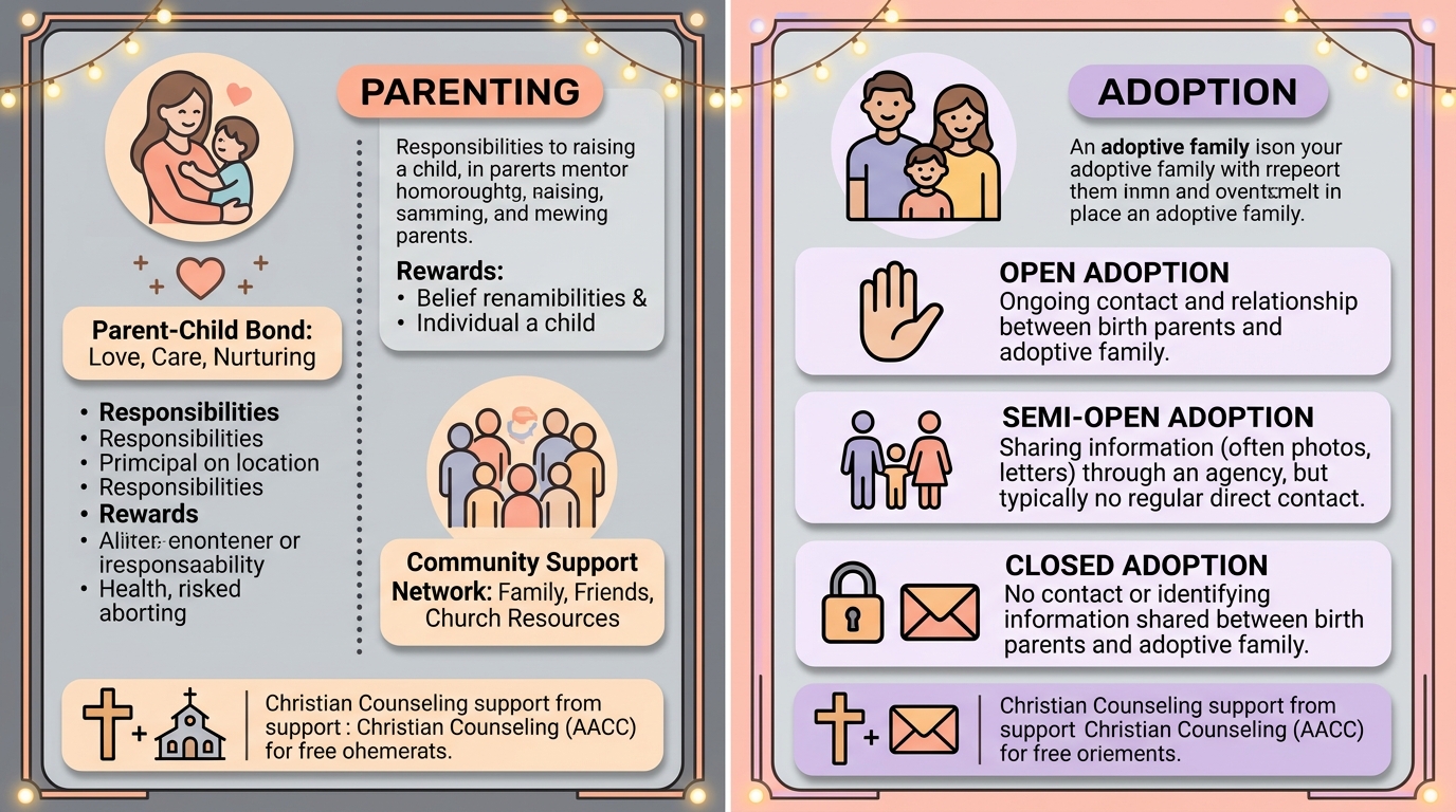 Two-column infographic comparing parenting and adoption options with icons and Christian counseling support references, using warm pastel colors.