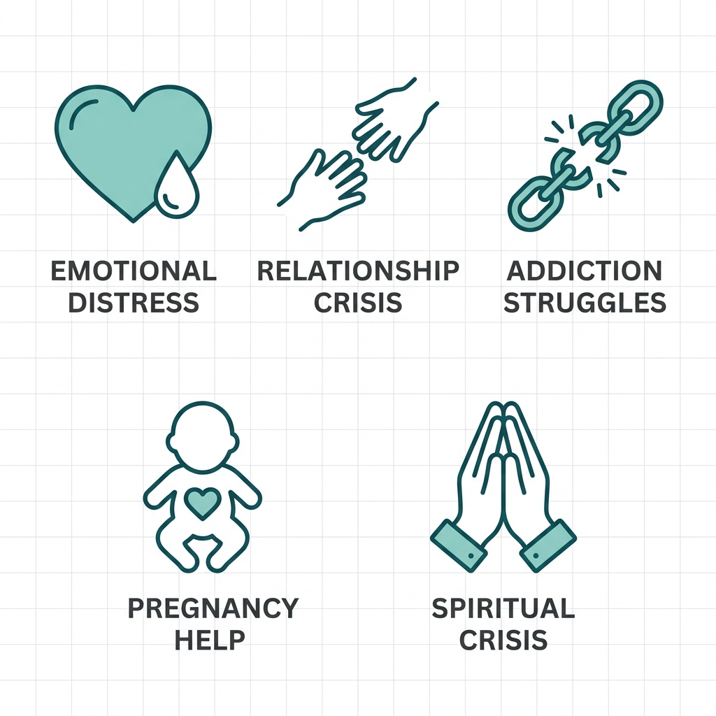 Five outlined icons in teal on white grid background representing crisis types: emotional distress, relationship crisis, addiction struggles, pregnancy alternatives, and spiritual crisis, with dark gray labels.
