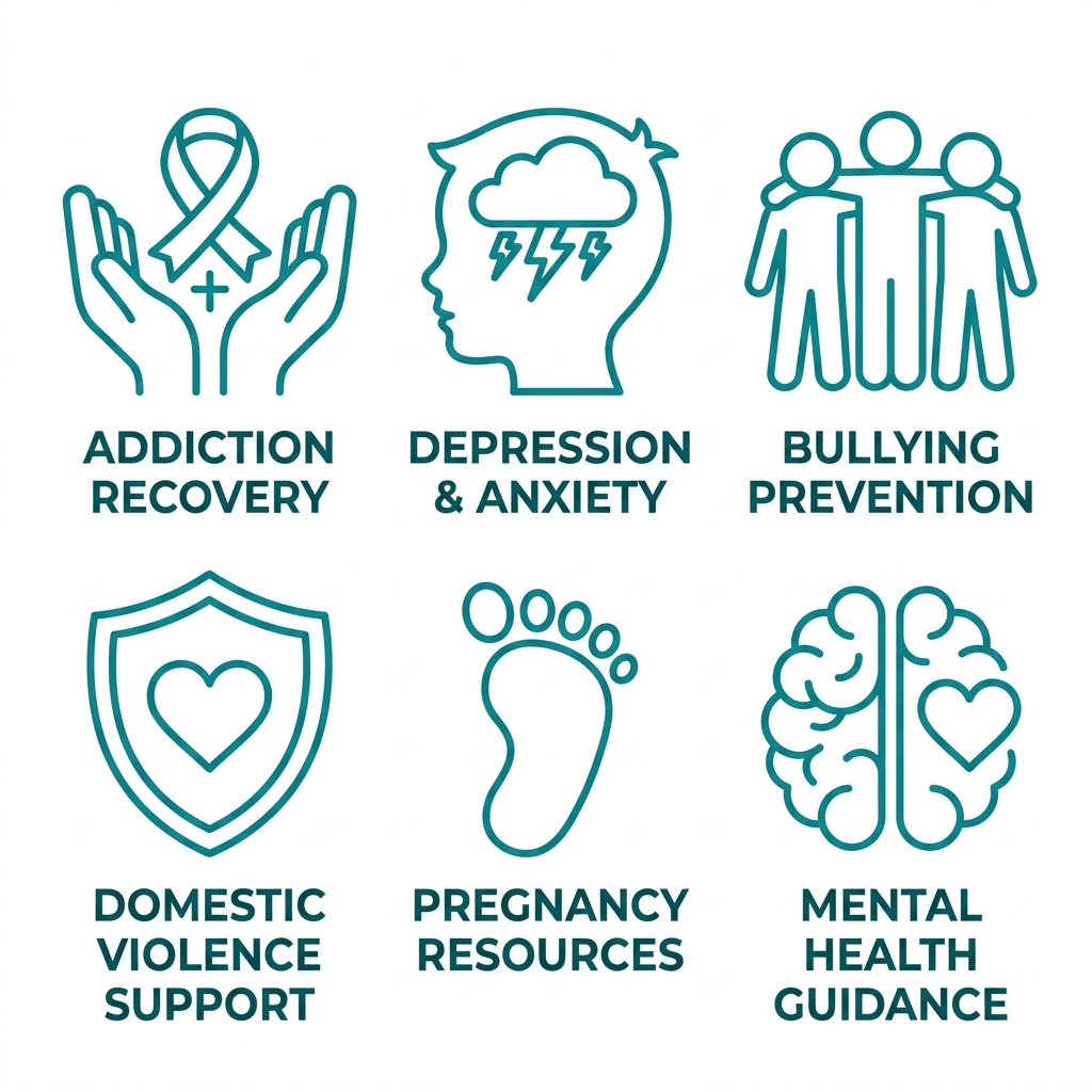 Six outline icons in teal on white, arranged in two rows of three, representing addiction recovery, depression and anxiety, bullying prevention, domestic violence support, pregnancy resources, and mental health guidance, each with a short label.