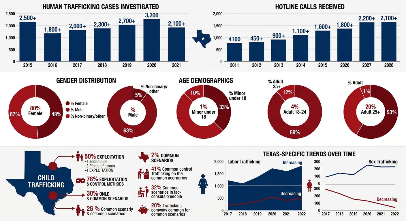 Infographic of Texas human trafficking statistics with three panels showing total cases, demographics, and child trafficking trends.