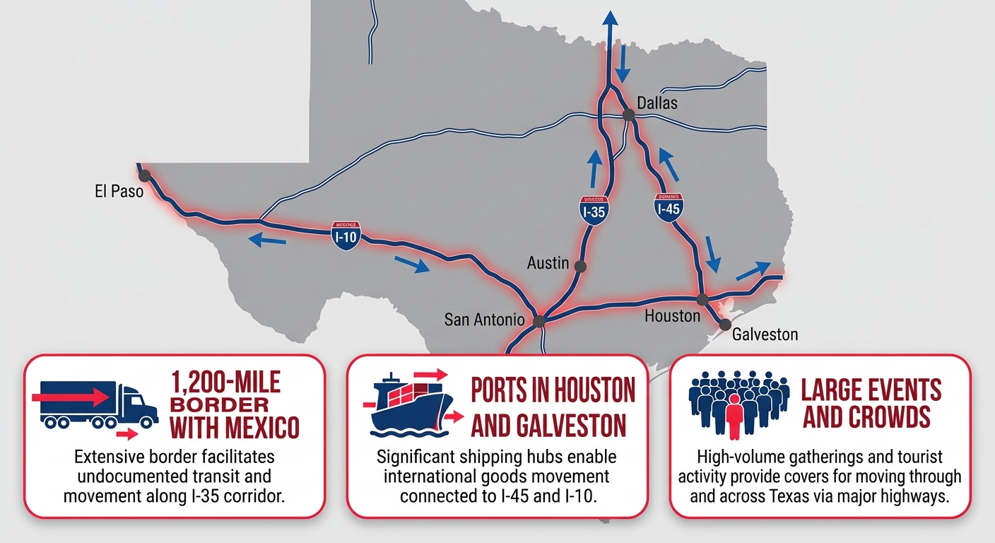 Infographic map of Texas showing major highways I-35, I-45, and I-10 with directional arrows and three data cards explaining high-risk trafficking factors: the 1,200-mile border with Mexico, ports in Houston and Galveston, and large events, with icons for truck, ship, and crowd.
