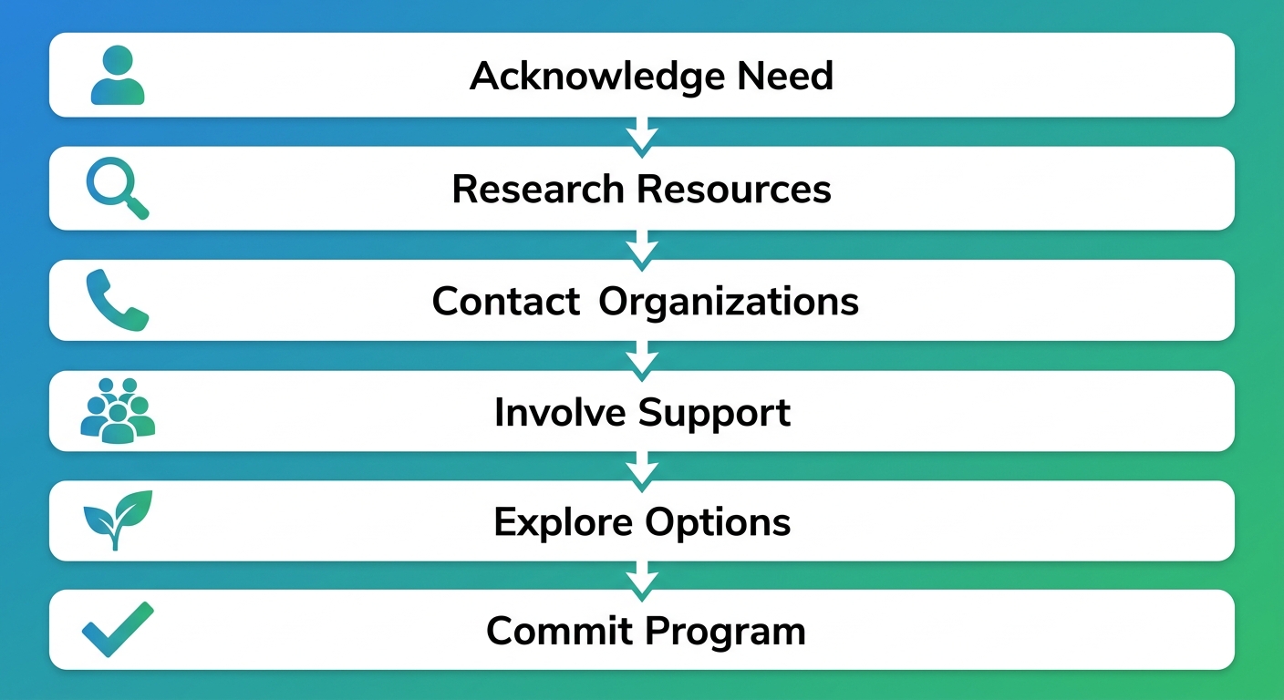 Six-step vertical process flow diagram for addiction recovery journey, starting from acknowledging need to committing to a program, with icons and gradient from blue to green.