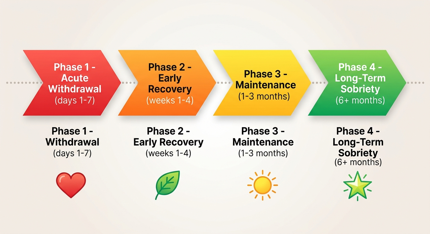 Horizontal timeline with four color-coded phases of addiction recovery: acute withdrawal in red, early recovery in orange, maintenance in yellow, long-term sobriety in green, each with a simple icon and short label, no title text visible.