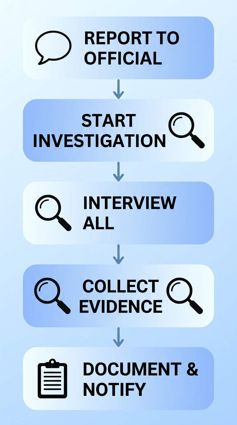 Vertical process flow diagram of five-step bullying reporting and investigation process in Houston schools, with blue gradient boxes and icons for report, investigation, evidence, and notification.