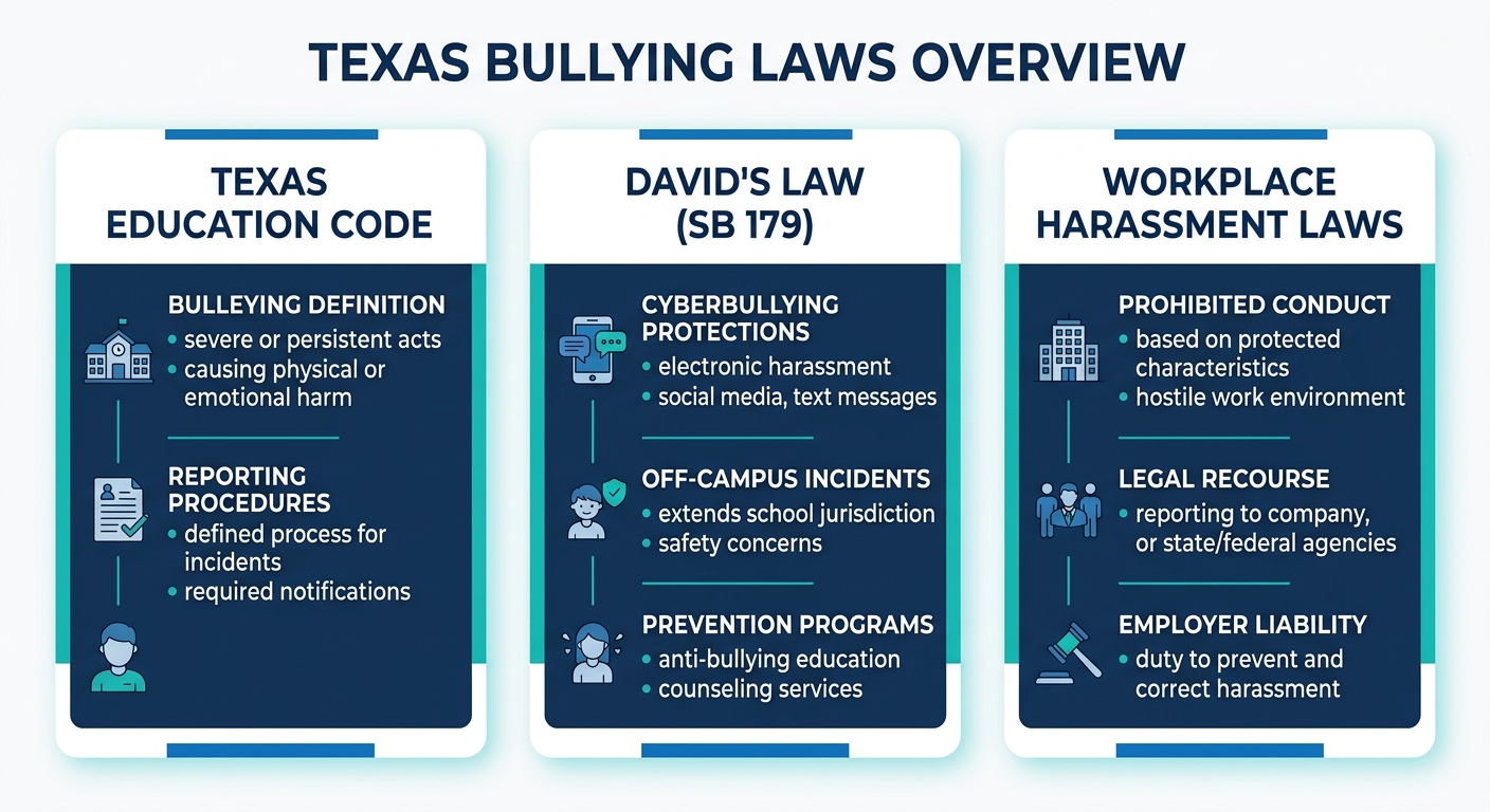 Infographic overview of Texas bullying laws with three color-coded cards: Texas Education Code, David's Law, and workplace harassment laws, using blue and teal tones.