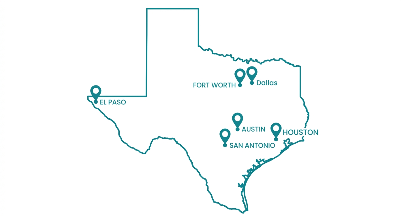 Infographic of Texas outline map with pin icons highlighting major cities: Dallas, Houston, San Antonio, Austin, El Paso, Fort Worth. Teal and white design showing service areas.
