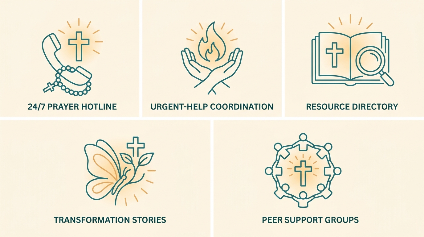 Infographic displaying five faith-centered depression support services: prayer hotline, urgent pastoral care coordination, resource directory, transformation stories, and peer support groups, with teal outline icons and warm inviting colors.