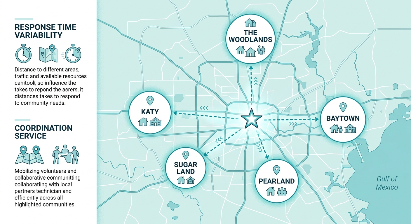 Infographic map of greater Houston area with markers for The Woodlands, Sugar Land, Katy, Pearland, and Baytown connected to a central star, with sidebar legend about response times, using soft teal and white palette.