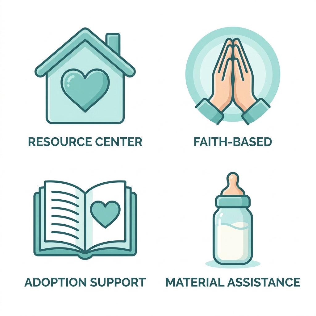 2x2 grid of icons for pregnancy support services: pregnancy resource center (house with heart), faith-based counseling (praying hands), adoption support (open book with heart), and material assistance (baby bottle), in soft teal and white.