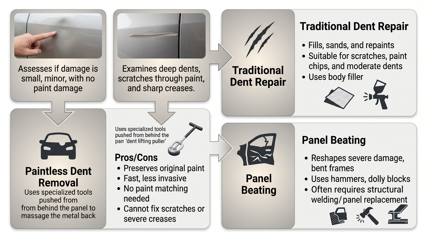 Comparison infographic showing three vehicle repair methods: paintless dent removal for small dents, traditional dent repair with repainting for scratches, and panel beating for collision damage