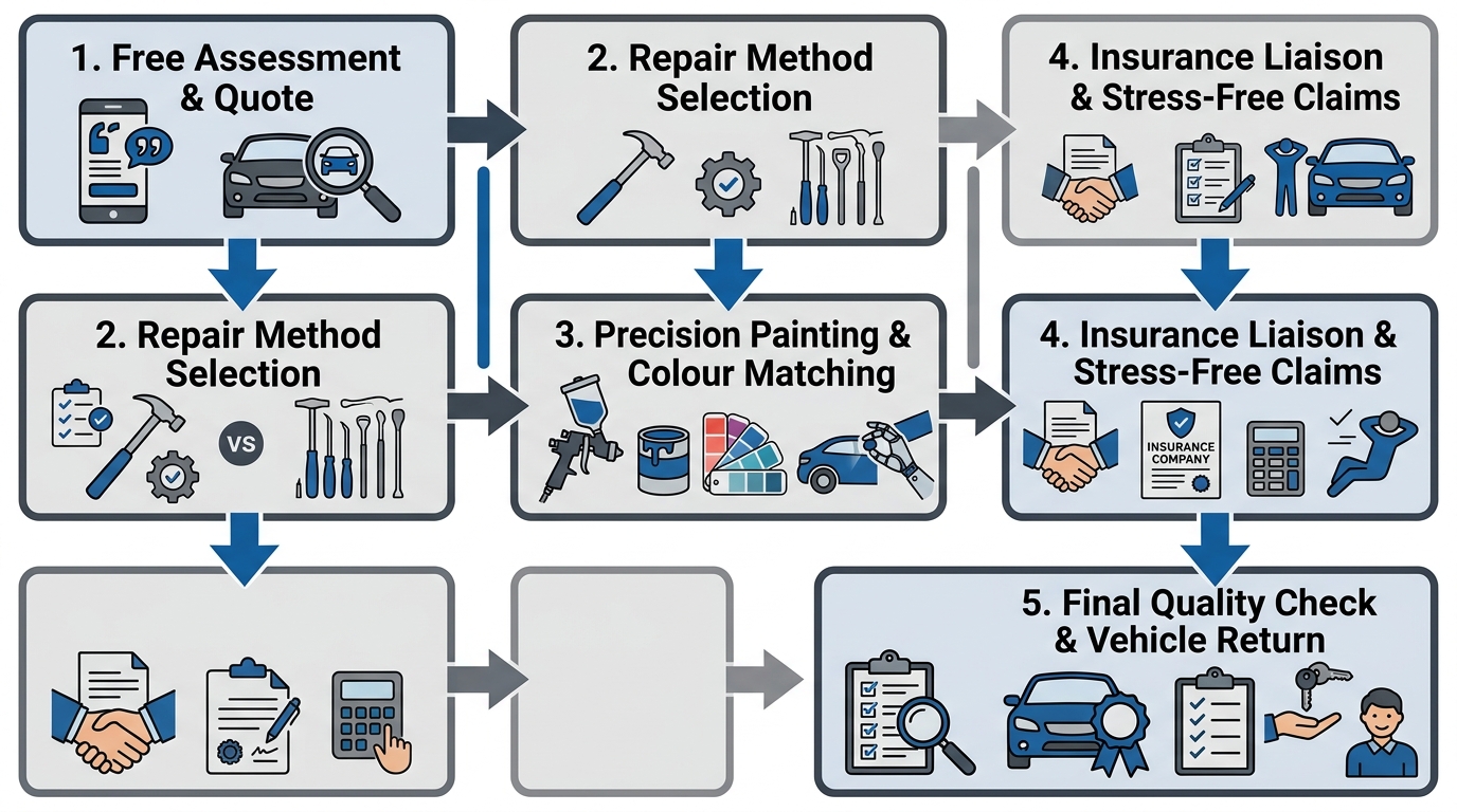 Vertical process diagram of Westside Panel Repairs dent and scratch repair process with five numbered stages from Free Assessment to Vehicle Return