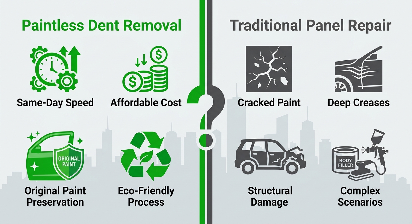 Infographic comparing paintless dent removal and traditional panel repair options for Melbourne vehicles