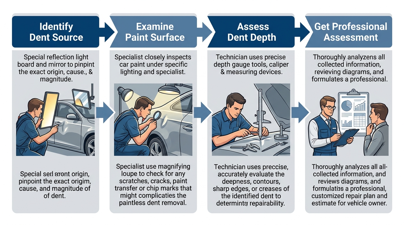 Horizontal four-step process diagram for recognising when you need paintless dent removal in Melbourne, showing dent identification, paint inspection, depth assessment, and professional evaluation
