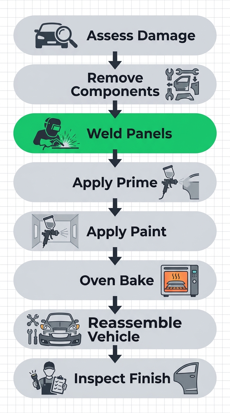 Vertical process flow of 8 stages of car panel repair assessment strip weld prime paint bake reassemble and inspect with icons