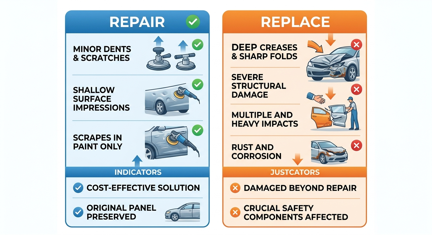 Infographic comparing car panel repair versus replacement conditions, with blue repair column and orange replacement column using checkmark and cross symbols