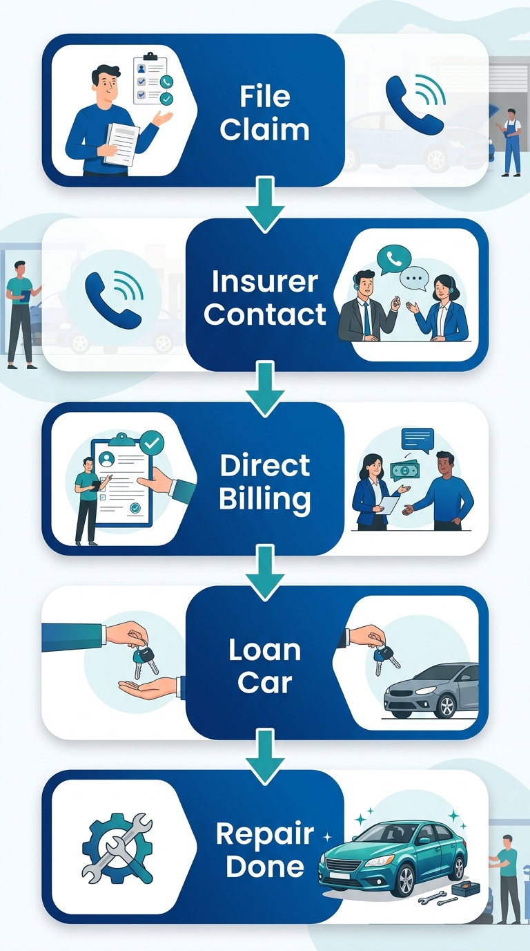 Vertical process flow showing 5 steps of insurance claims at a Melbourne smash repair centre: File Claim, Insurer Contact, Direct Billing, Loan Car, Repair Done.