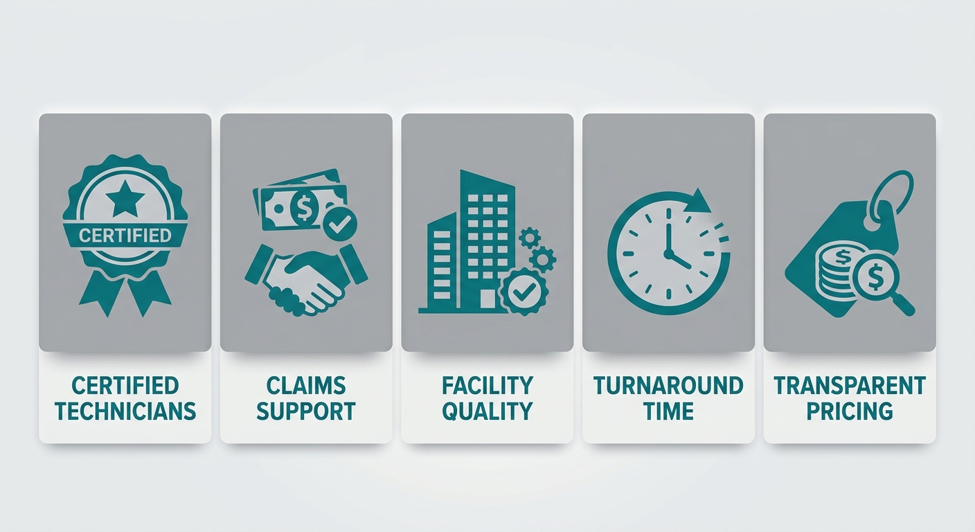 Infographic showing five key considerations for choosing panel beating services