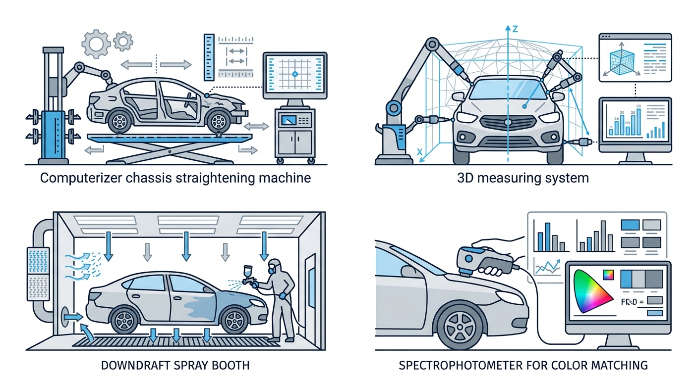 Infographic showing four collision repair quality indicators: chassis straightening, 3D measuring, spray booth, and colour matching equipment.