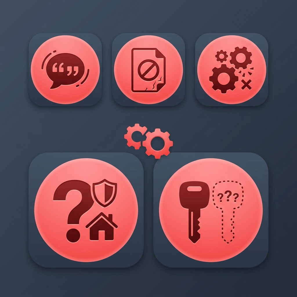 Set of five warning icons representing common warning signs when choosing a vehicle repair service