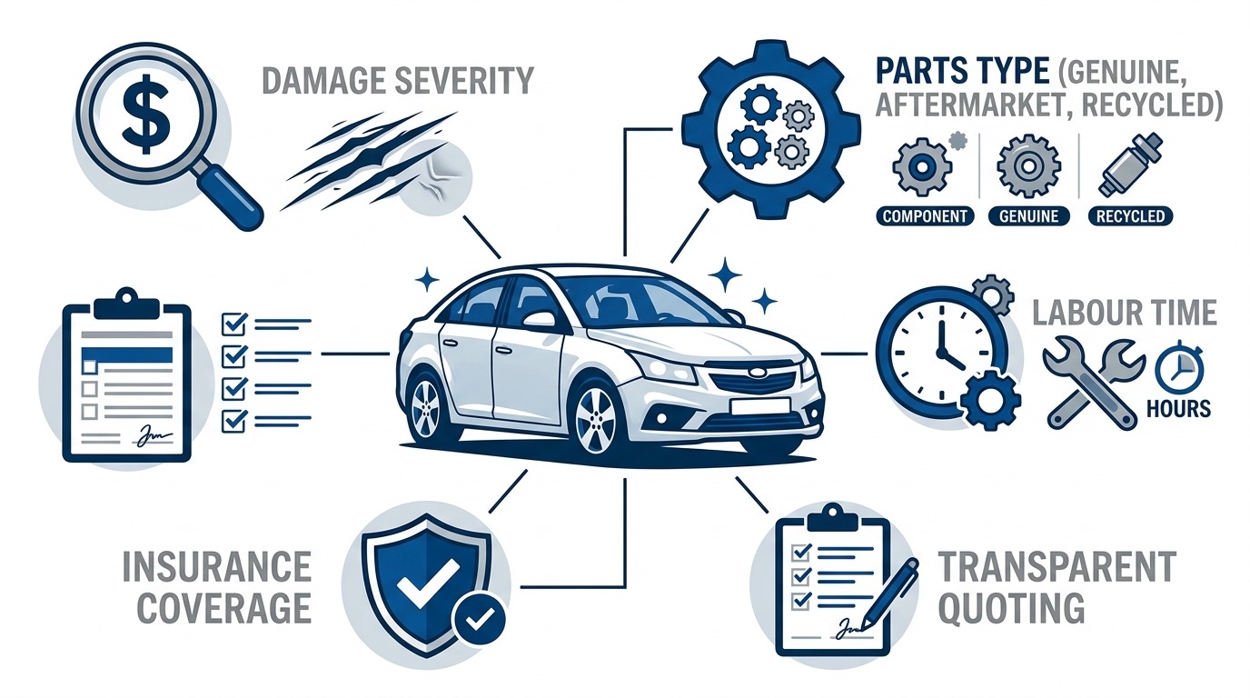 Infographic outlining smash repair cost factors in Melton featuring labelled icons for damage severity, parts type, labour time, insurance coverage, and transparent quoting around a central car illustration in blue and white.