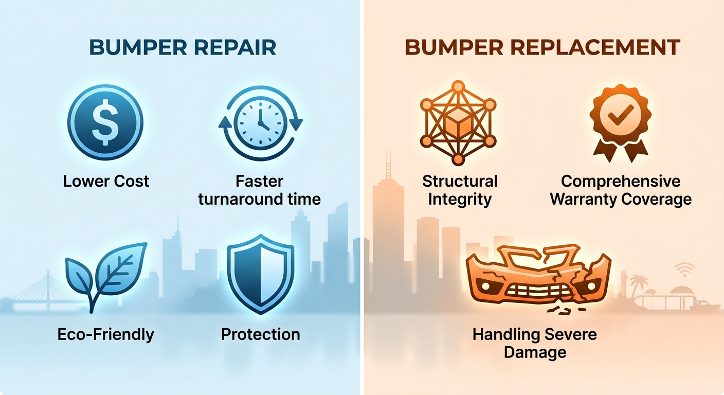Infographic comparing bumper repair versus replacement options for vehicles in Melbourne, with cost and environmental benefits on the left and structural and warranty advantages on the right.