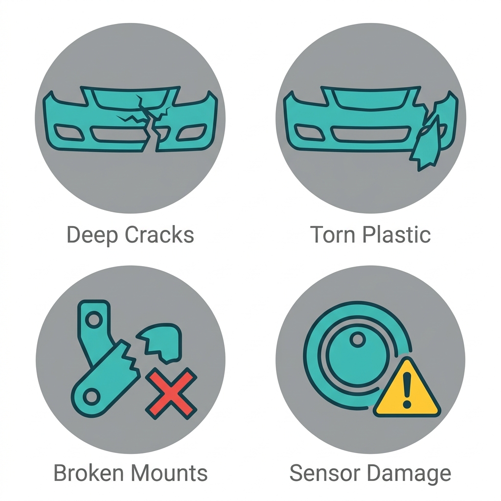 Four flat icons in a 2x2 grid showing signs needing bumper replacement: deep crack, torn plastic, broken mounts, sensor damage, each with a short label.
