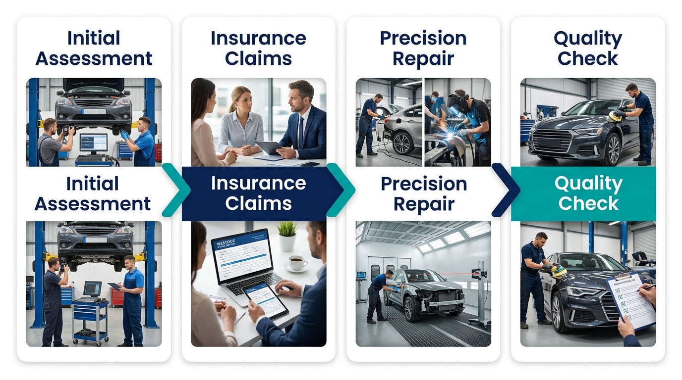 Horizontal process flow with four stages showing initial assessment, insurance claims, precision repair, and quality check for smash repairs.
