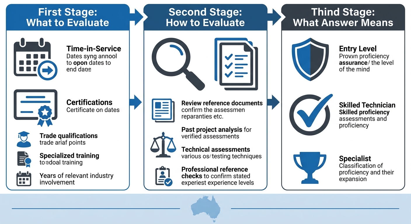 Process flow diagram evaluating technician experience with three stages: what to evaluate, how to evaluate, and what the answer means, featuring icons and professional blue and charcoal colors with Australian map outline