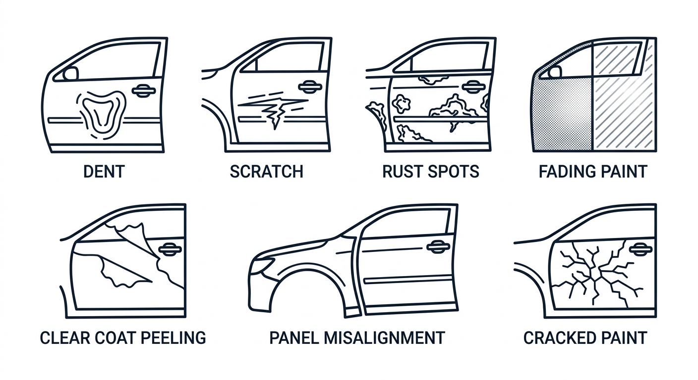 Icon set showing seven signs of vehicle body damage including dent, scratch, rust, paint fading, clear coat peeling, panel misalignment, and cracked paint.