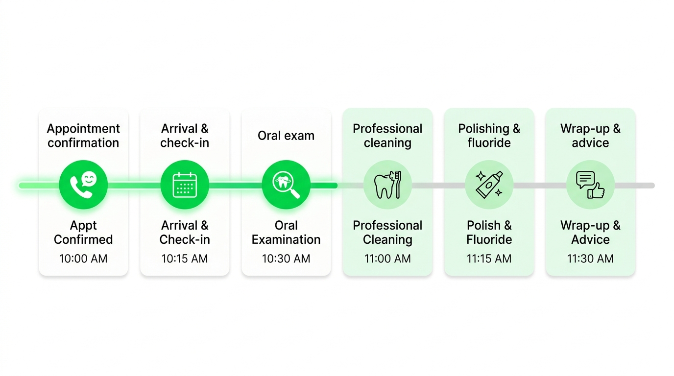 Horizontal timeline with six milestones of a dental cleaning appointment: appointment confirmation, arrival and check-in, oral exam, professional cleaning, polishing and fluoride, wrap-up and advice, with time labels on a white background.