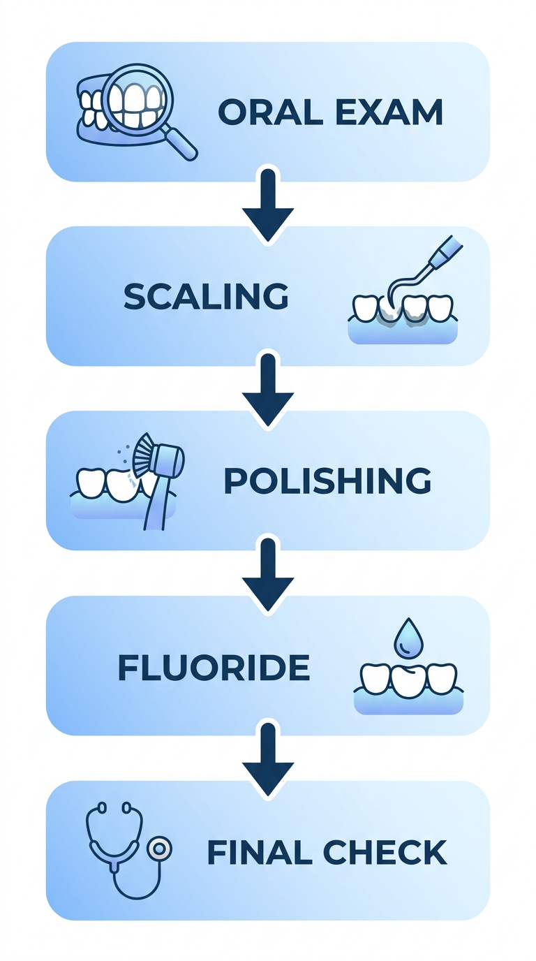 Five-step vertical diagram of a professional dental cleaning procedure at The Grove Dentistry, featuring icons for oral exam, scaling, polishing, fluoride application, and final check on a blue gradient background.