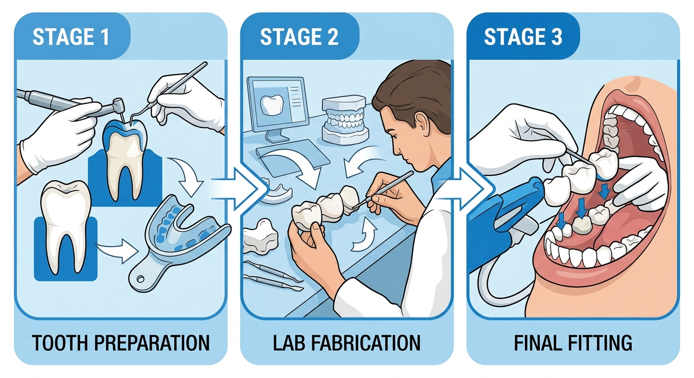 Dental crown and bridge process flow with three steps: tooth preparation, lab fabrication, and final fitting, illustrated with icons and arrows on a blue and white background.