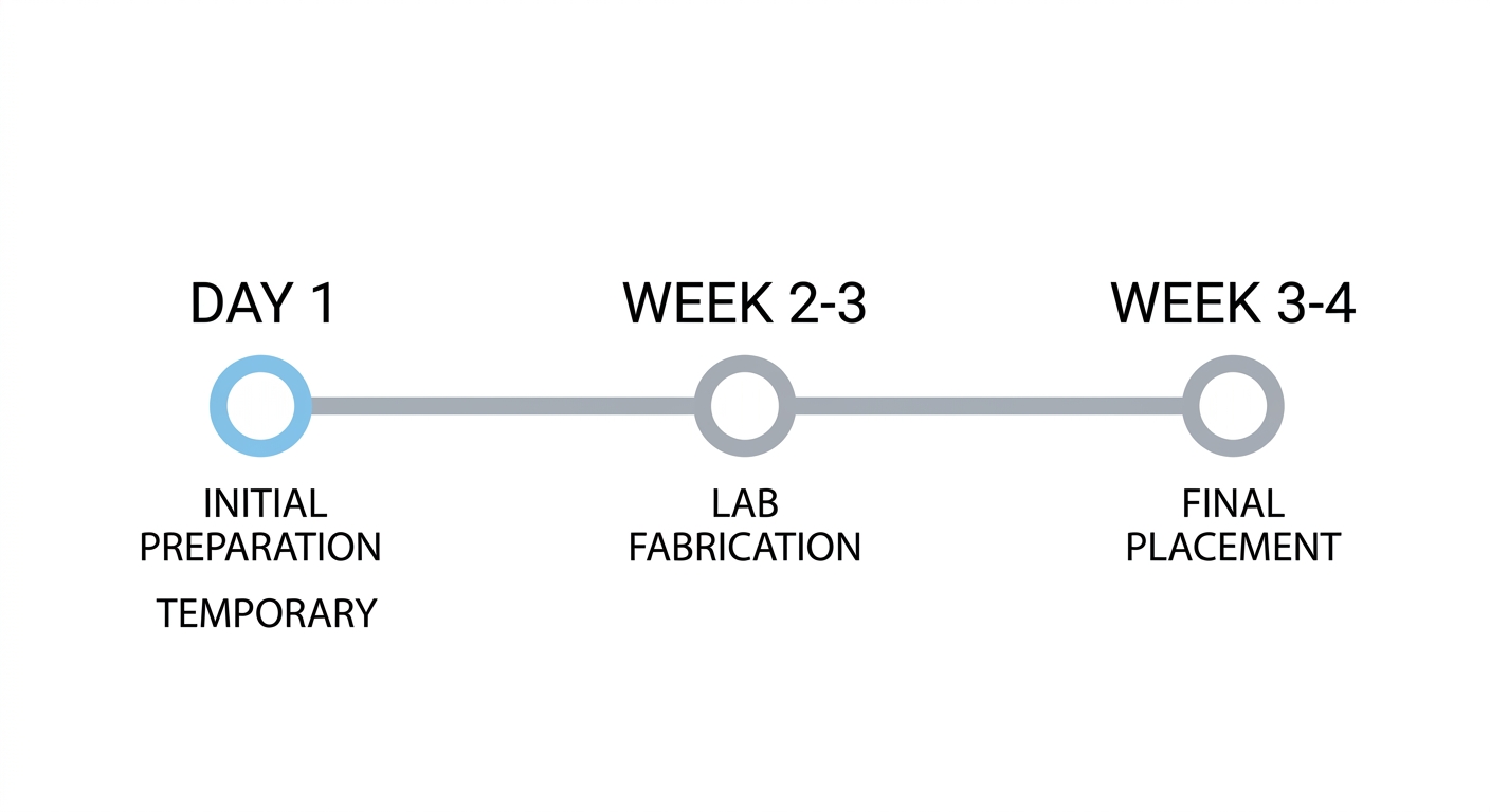 Horizontal timeline showing three stages of a dental crown or bridge treatment: Day 1 preparation, Week 2-3 lab fabrication, and Week 3-4 final placement, using light blue and gray tones.
