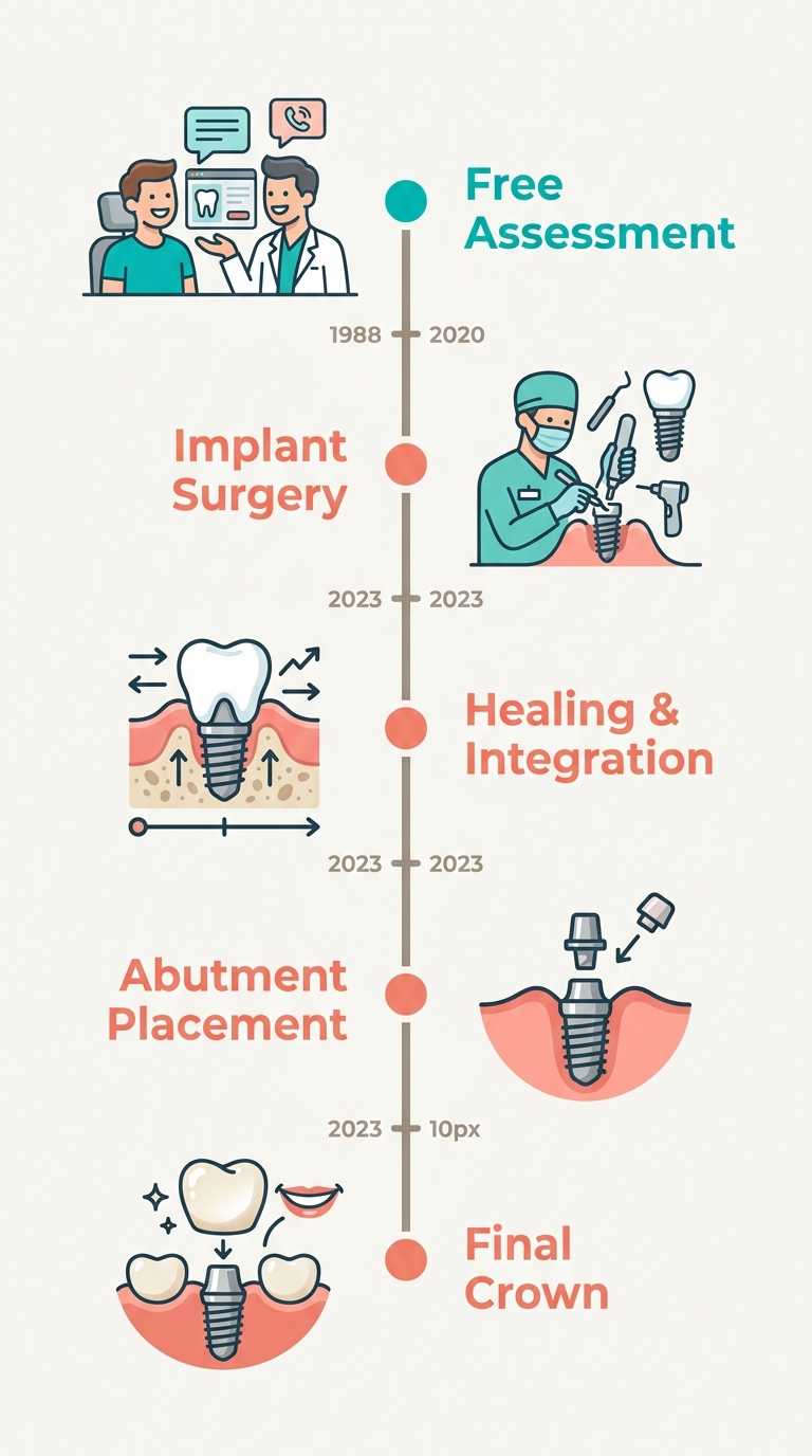 Vertical timeline showing five dental implant phases at Grove Dentistry in Port Coquitlam from initial assessment to final crown placement