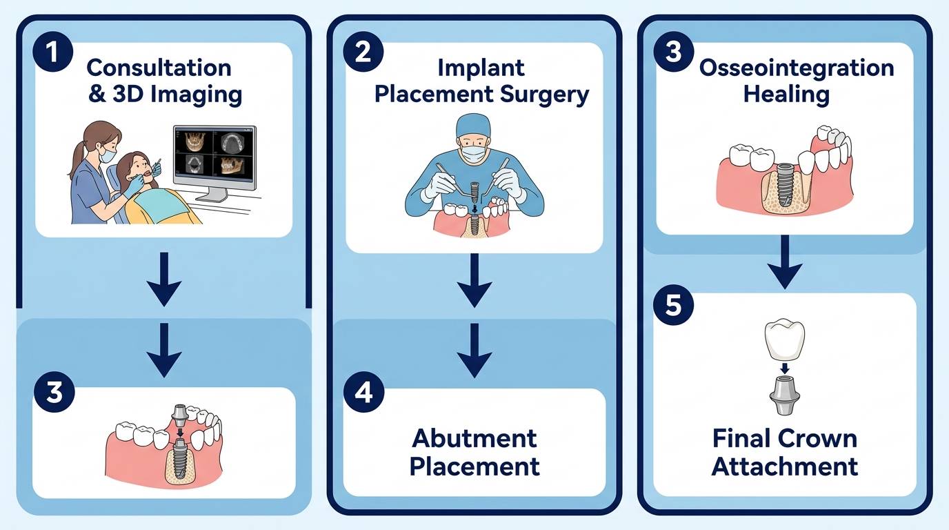 Five-stage vertical process flow diagram for dental implant procedure at Grove Dentistry in Port Coquitlam, showing steps from consultation to final crown attachment with icons and labels.