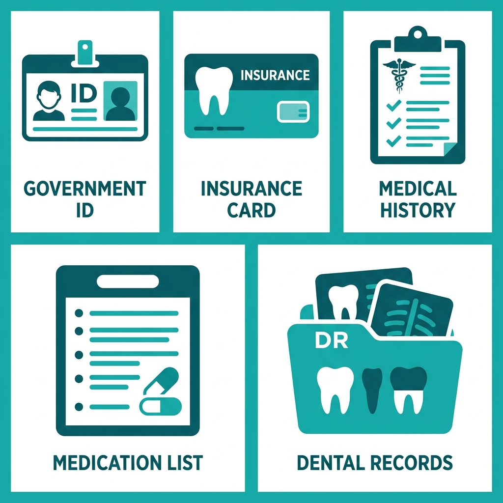 Five flat icons in teal and white representing items needed for a first dental visit: government ID, dental insurance card, medical history form, medication list, and previous dental records, arranged in a grid on a white background.
