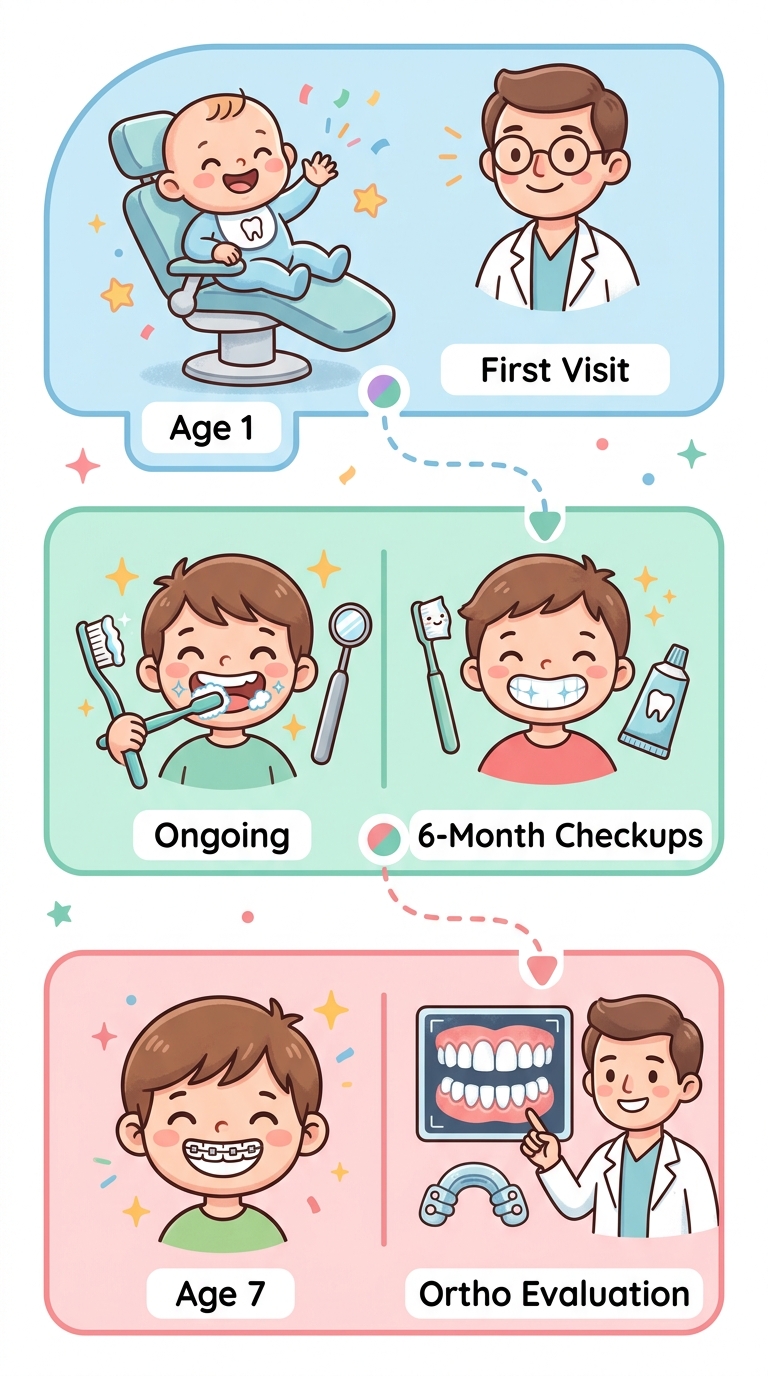 Vertical timeline showing three children's dental milestones: first visit by age 1, regular checkups every 6 months, and orthodontic evaluation at age 7, with colorful pastel dots and friendly icons.