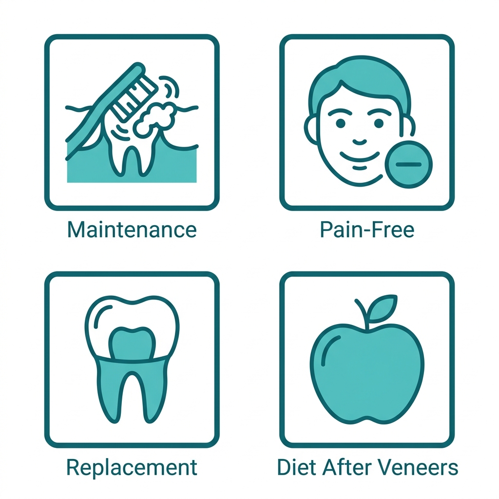 Four square icons arranged in a 2x2 grid representing veneer FAQ topics: toothbrush for maintenance, smiling face for pain-free procedure, replacement tooth for veneer replacement, and apple for diet after veneers, all in teal outline style on white background.